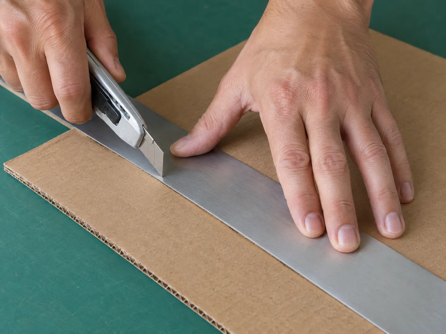Hands cutting a sheet of cardboard along a steel ruler with a retractable cutter, the blade moving away from the body