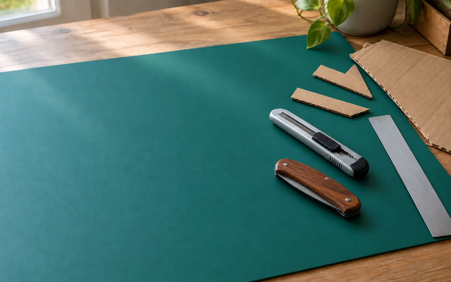 A retractable craft cutter with its blade retracted and a small closed folding pocketknife lying on a green cutting mat beside a steel ruler